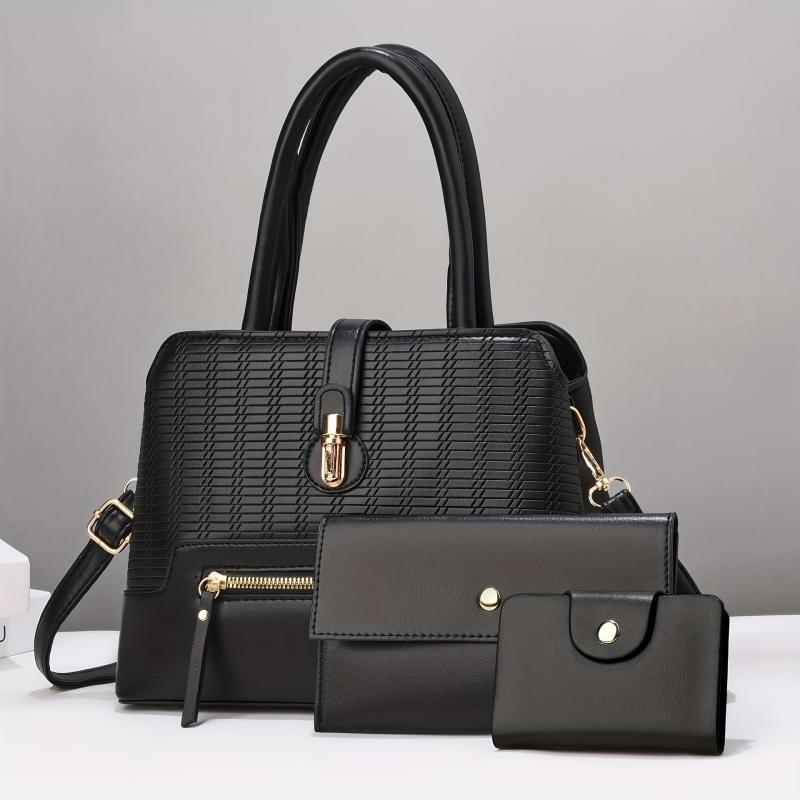 Solid Plaid Bag Set Shoulder Bag with Clutch Wallet & Credit Card Case
