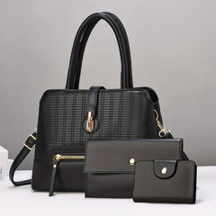 Solid Plaid Bag Set Shoulder Bag with Clutch Wallet & Credit Card Case