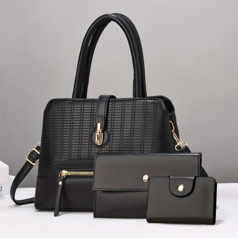 Solid Plaid Bag Set Shoulder Bag with Clutch Wallet & Credit Card Case