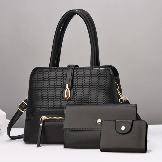 Solid Plaid Bag Set Shoulder Bag with Clutch Wallet & Credit Card Case