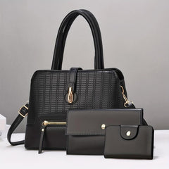 Solid Plaid Bag Set Shoulder Bag with Clutch Wallet & Credit Card Case