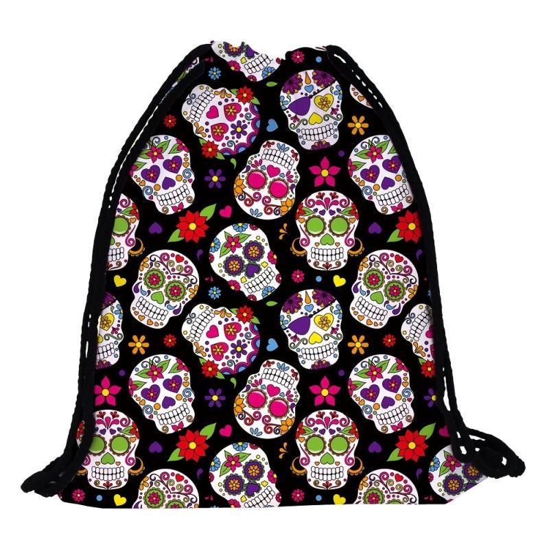 Skull & Flower Pattern Drawstring Backpack