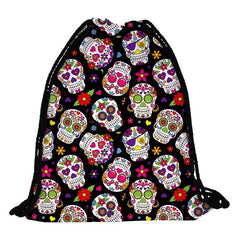 Skull & Flower Pattern Drawstring Backpack