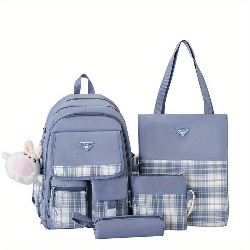 4Pcs Plaid Backpack Set School Bag Tote Crossbody Pencil Case