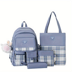4Pcs Plaid Backpack Set School Bag Tote Crossbody Pencil Case