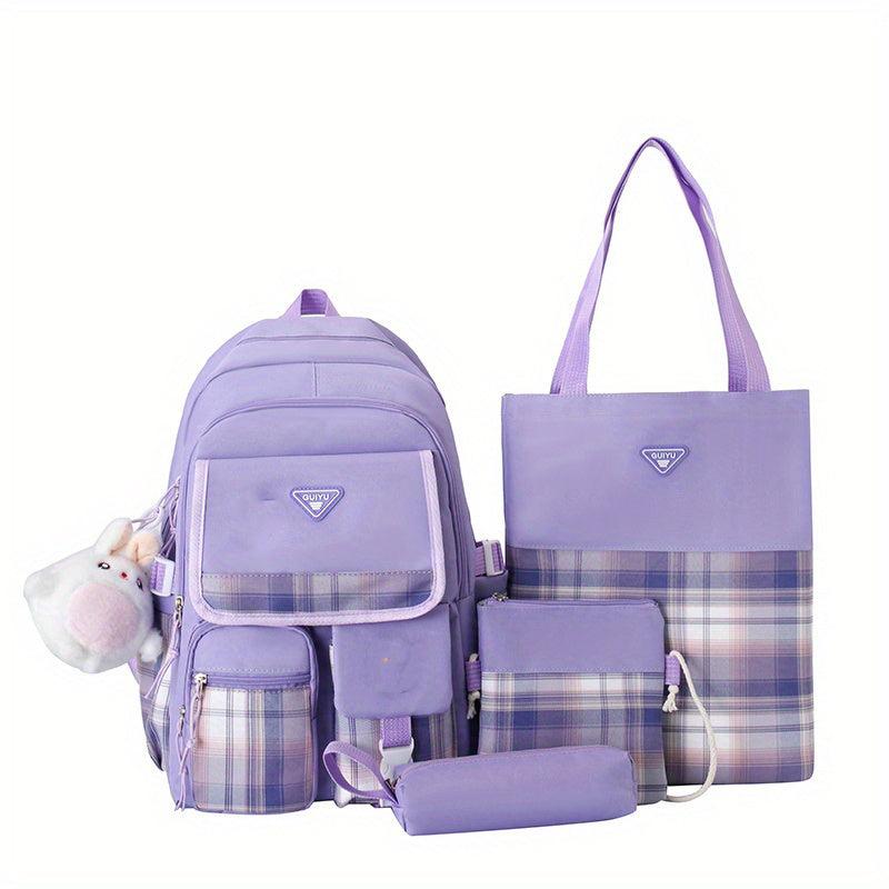 4Pcs Plaid Backpack Set School Bag Tote Crossbody Pencil Case