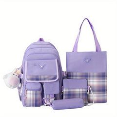 4Pcs Plaid Backpack Set School Bag Tote Crossbody Pencil Case