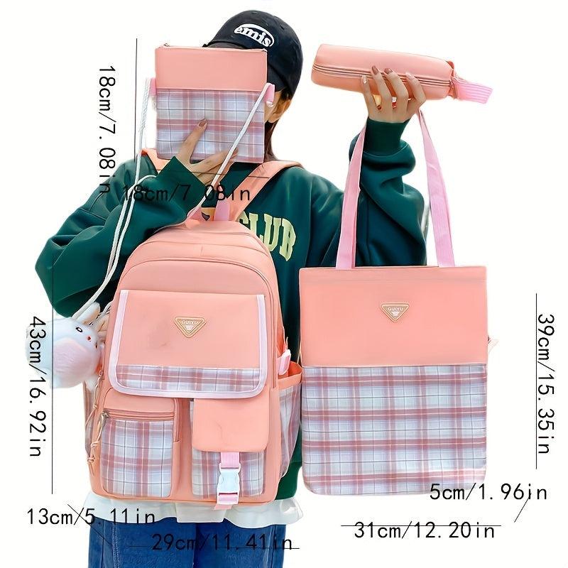 4Pcs Plaid Backpack Set School Bag Tote Crossbody Pencil Case