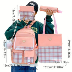 4Pcs Plaid Backpack Set School Bag Tote Crossbody Pencil Case