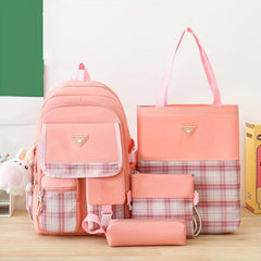 4Pcs Plaid Backpack Set School Bag Tote Crossbody Pencil Case