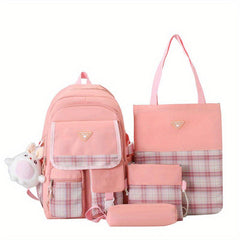 4Pcs Plaid Backpack Set School Bag Tote Crossbody Pencil Case