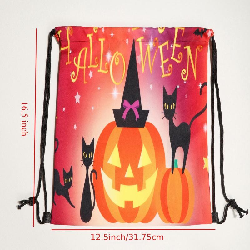 Halloween Pumpkin Skull Drawstring Backpack Ghost Cat Bundle Pocket