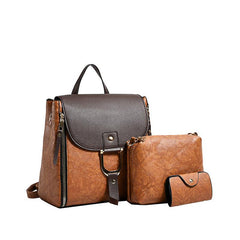3pcs Vintage Flap Backpack Purse Set Women's PU Leather Travel School Bag