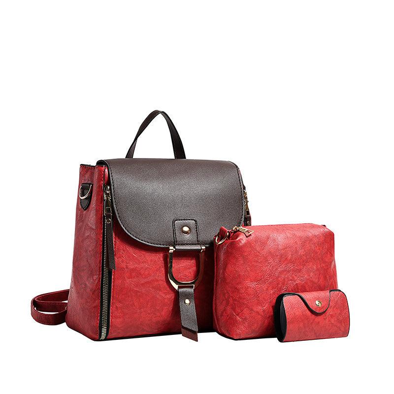 3pcs Vintage Flap Backpack Purse Set Women's PU Leather Travel School Bag