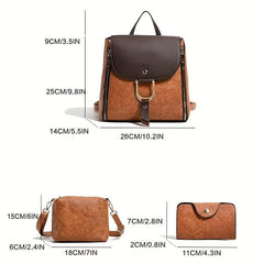 3pcs Vintage Flap Backpack Purse Set Women's PU Leather Travel School Bag