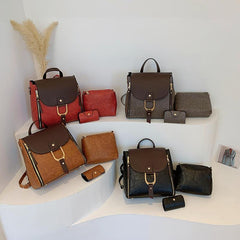 3pcs Vintage Flap Backpack Purse Set Women's PU Leather Travel School Bag