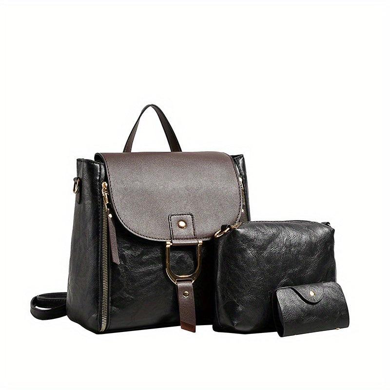 3pcs Vintage Flap Backpack Purse Set Women's PU Leather Travel School Bag