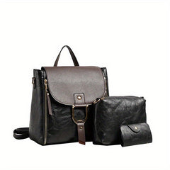 3pcs Vintage Flap Backpack Purse Set Women's PU Leather Travel School Bag