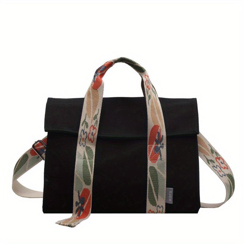 Floral Strap Tote Bag Top Handle Canvas Crossbody Bag