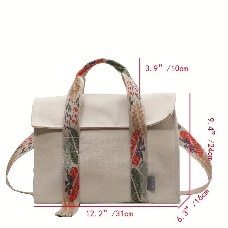 Floral Strap Tote Bag Top Handle Canvas Crossbody Bag