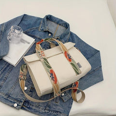 Floral Strap Tote Bag Top Handle Canvas Crossbody Bag