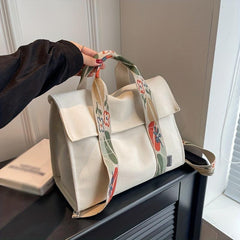 Floral Strap Tote Bag Top Handle Canvas Crossbody Bag