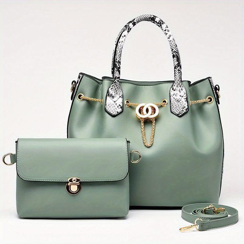 2Pcs Snakeskin Handle Satchel Bag Set With Crossbody Purse