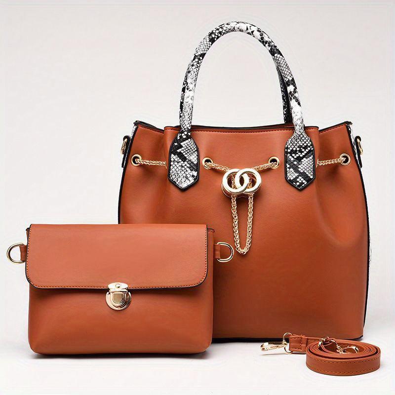 2Pcs Snakeskin Handle Satchel Bag Set With Crossbody Purse