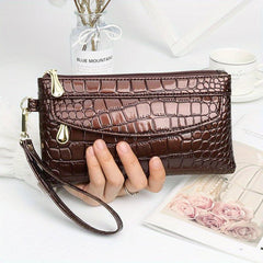 Crocodile Pattern Glossy Long Clutch Purse PU Leather Textured Wristlet Wallet