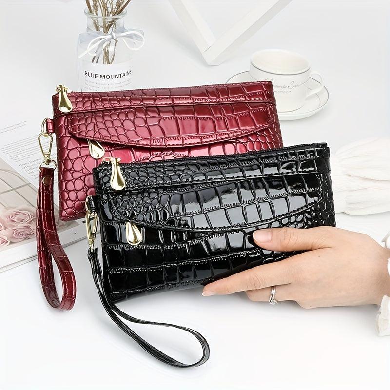 Crocodile Pattern Glossy Long Clutch Purse PU Leather Textured Wristlet Wallet