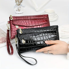 Crocodile Pattern Glossy Long Clutch Purse PU Leather Textured Wristlet Wallet
