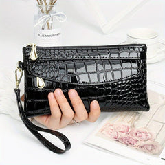 Crocodile Pattern Glossy Long Clutch Purse PU Leather Textured Wristlet Wallet