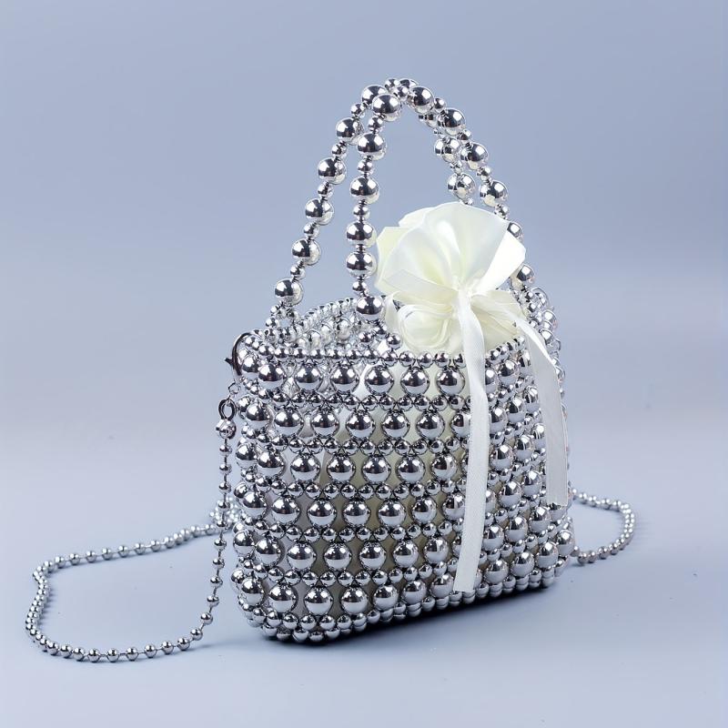 Beaded Braided Bucket Bag Drawstring Handbag Classic Shoulder Purse