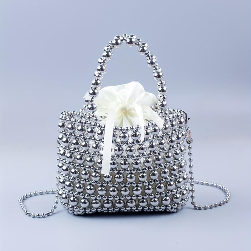 Beaded Braided Bucket Bag Drawstring Handbag Classic Shoulder Purse