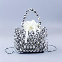 Beaded Braided Bucket Bag Drawstring Handbag Classic Shoulder Purse
