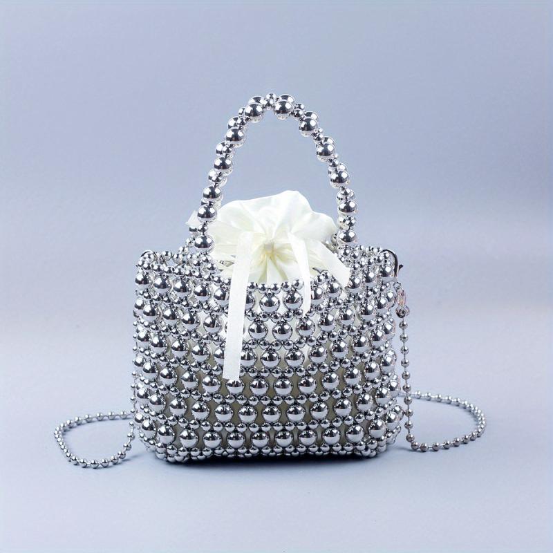 Beaded Braided Bucket Bag Drawstring Handbag Classic Shoulder Purse