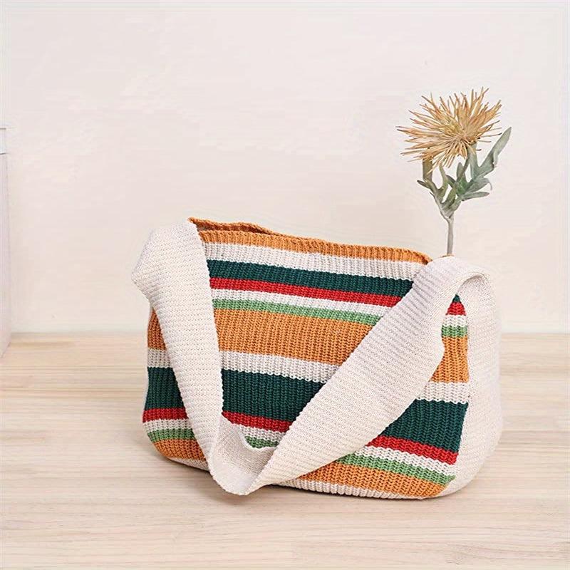 Colorblock Knitted Shoulder Tote Bag Large Capacity Striped Pattern Bag