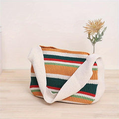 Colorblock Knitted Shoulder Tote Bag Large Capacity Striped Pattern Bag