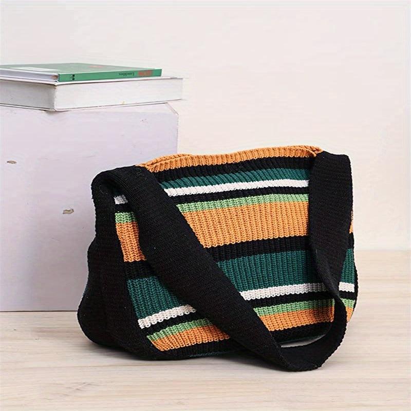 Colorblock Knitted Shoulder Tote Bag Large Capacity Striped Pattern Bag