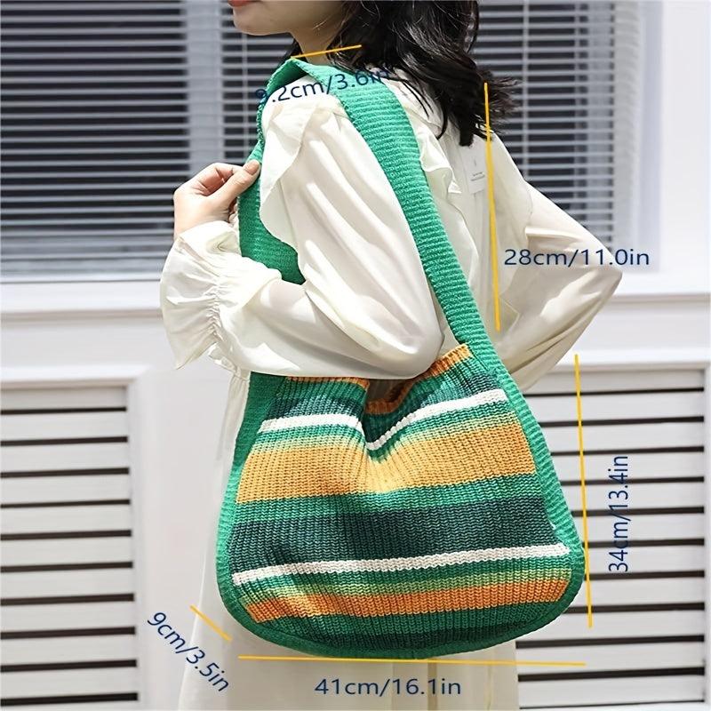 Colorblock Knitted Shoulder Tote Bag Large Capacity Striped Pattern Bag