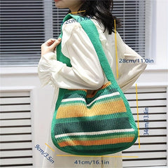 Colorblock Knitted Shoulder Tote Bag Large Capacity Striped Pattern Bag