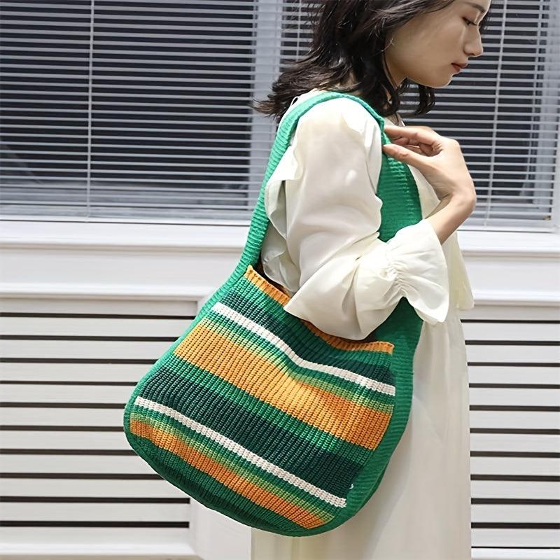 Colorblock Knitted Shoulder Tote Bag Large Capacity Striped Pattern Bag