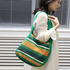 Colorblock Knitted Shoulder Tote Bag Large Capacity Striped Pattern Bag