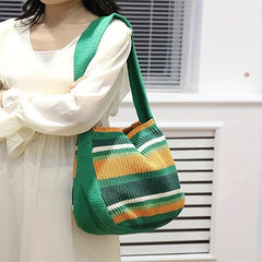 Colorblock Knitted Shoulder Tote Bag Large Capacity Striped Pattern Bag