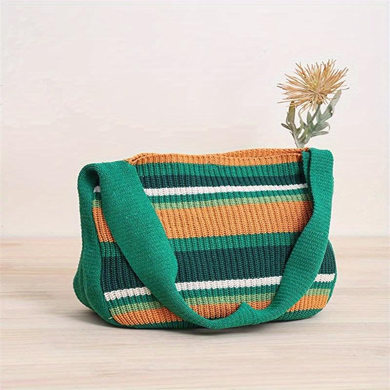 Colorblock Knitted Shoulder Tote Bag Large Capacity Striped Pattern Bag