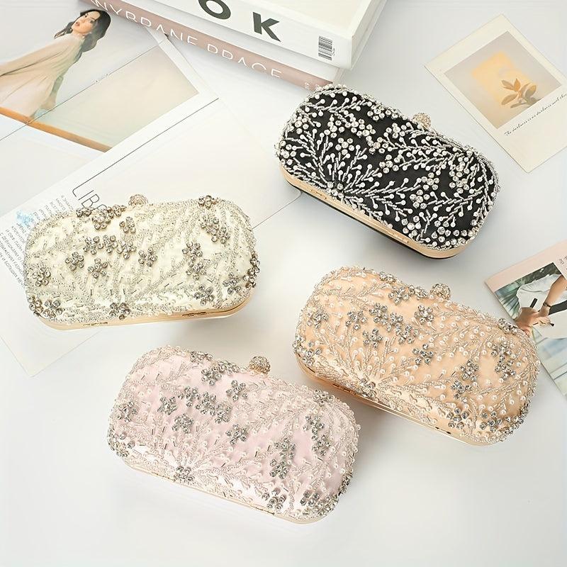 Floral Beaded Clutch Box Purse Chain Handbag for Wedding Prom