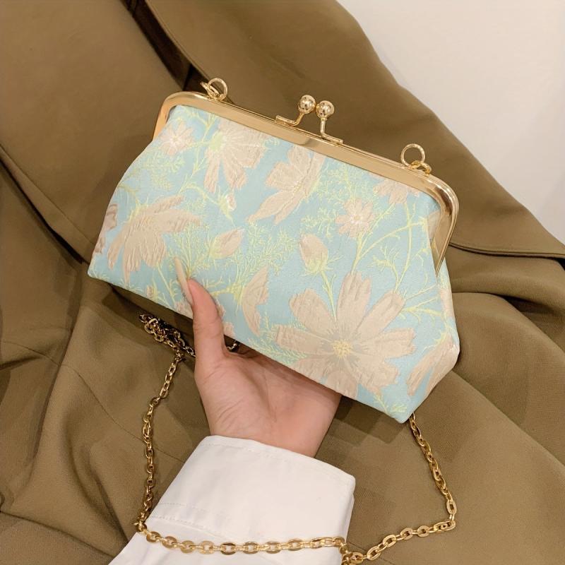 Flower Embroidery Kiss Lock Handbag Ethnic Style Clutch Purse