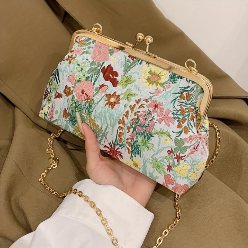 Flower Embroidery Kiss Lock Handbag Ethnic Style Clutch Purse
