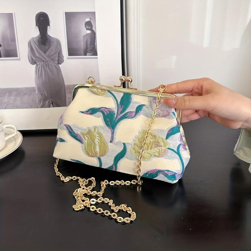 Flower Embroidery Kiss Lock Handbag Ethnic Style Clutch Purse