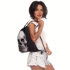 Casual Skull Pattern Sports Bag Lightweight Backpack Drawstring Foldable